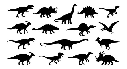 Dinosaur Silhouettes Collection, Prehistoric Reptile Vector Icons, Jurassic Era Creatures Set, Ancient Wildlife Graphics © Naimul