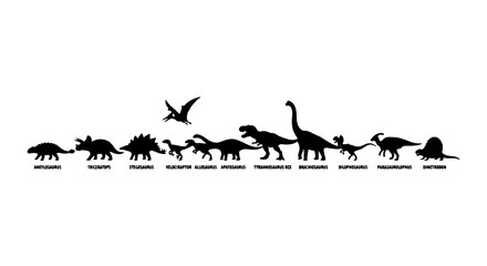 Dinosaur Evolution Silhouette Vector Set, Prehistoric Reptile Lineup, Jurassic Era Creatures, Paleontology Education Graphics, Ancient Animal Silhouettes © Naimul
