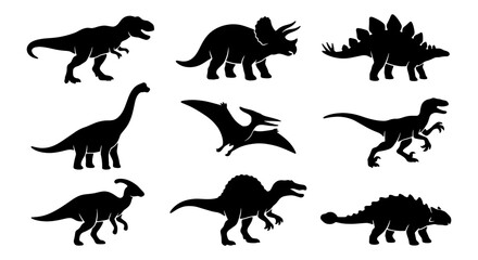 Diverse Dinosaur Silhouettes Collection, Prehistoric Creatures Vector Icons, Jurassic Era Reptiles Set, Ancient Wildlife Graphics © Naimul