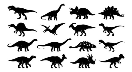 Dinosaur Silhouettes Collection, Prehistoric Reptile Icons, Jurassic Era Creatures, Ancient Wildlife Vector Set © Naimul
