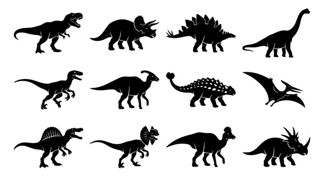 Dinosaur Silhouettes Collection, Prehistoric Reptile Icons Set, Jurassic Era Creatures Vector Graphics, Paleontology Illustration Elements