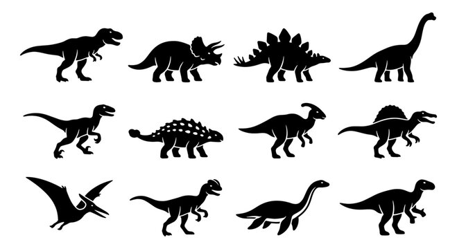 Dinosaur Silhouettes Collection, Prehistoric Reptile Icons Set, Jurassic Era Creatures Vector Graphics, Ancient Animal Illustrations