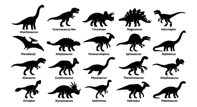 20 Dinosaur Silhouettes Vector Pack: Prehistoric Creatures, Jurassic Icons, Mesozoic Era Animals, Educational Graphics