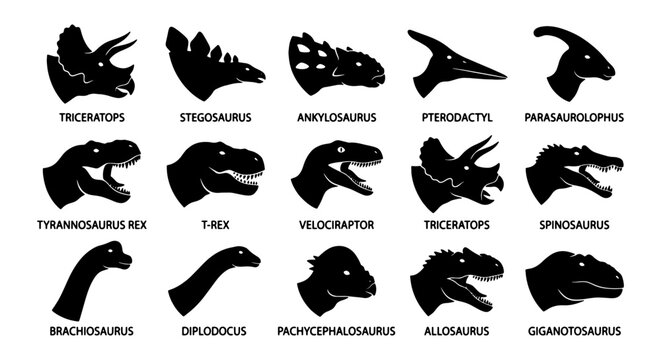 Diverse Dinosaur Silhouettes Collection, Prehistoric Reptile Icons, Jurassic Era Creatures, Vector Graphics for Educational and Thematic Designs