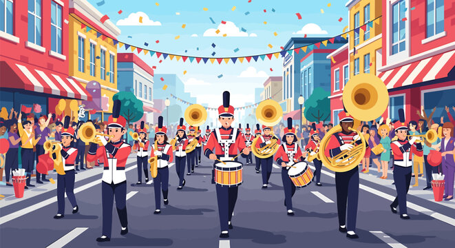 Marching band performs on a vibrant city street during a festive parade with colorful buildings and a lively crowd