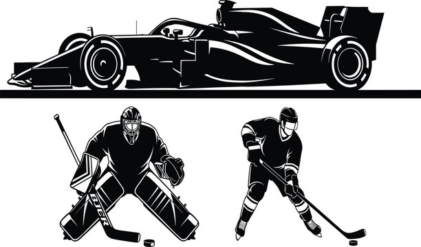 Set of black silhouettes representing professional formula racing car and ice hockey players including goalie and attacker isolated on white background