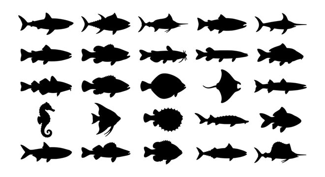 Diverse Aquatic Life Silhouettes: 30 Vector Icons of Marine Animals, Fish Species, and Ocean Creatures for Seafood, Ecology, and Underwater Themes