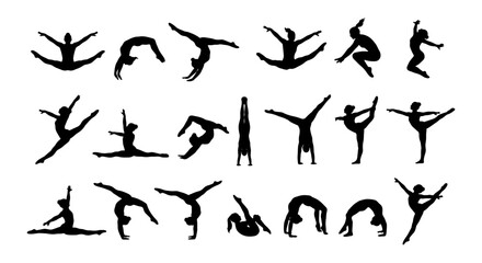 Fototapeta premium Gymnastics Silhouettes Collection, Dynamic Poses Vector Set, Athletic Figures Graphic Elements, Sport Performance Art