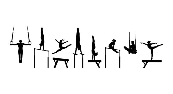 Gymnastics Silhouette Set, Dynamic Poses, Athletic Performance, Sports Vector Icons, Artistic Gymnastics, Strength and Balance