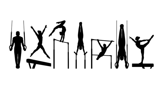 Gymnastics Silhouettes Collection, Artistic Athletes Poses Vector Set, Dynamic Sports Figures, Strength and Balance