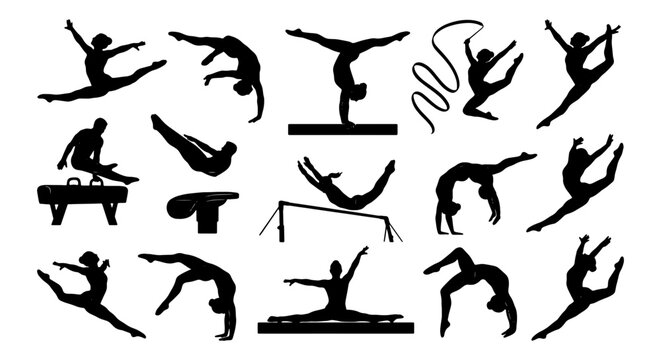 Gymnastics Silhouette Collection: Dynamic Poses of Athletes in Action, Rhythmic Gymnastics, Artistic Gymnastics, Sports Performance Vector Set