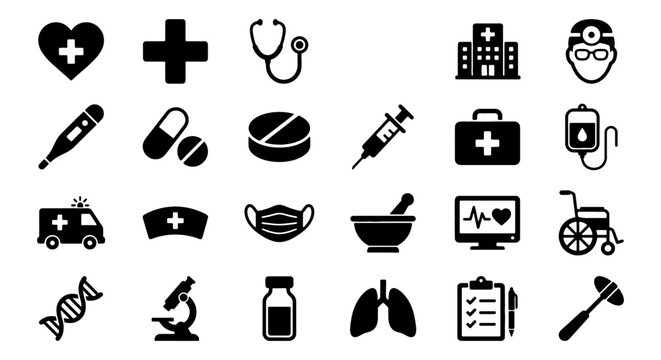 25 Medical Icons Set, Healthcare Symbols Collection, Doctor and Hospital Graphics, Pharmacy and Science Elements, Black and White Vector Icons for Health Services