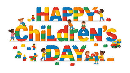 Fototapeta premium Celebrating Children's Day: A vibrant illustration showcasing the joy of childhood, featuring a colorful scene with children playing with building blocks.