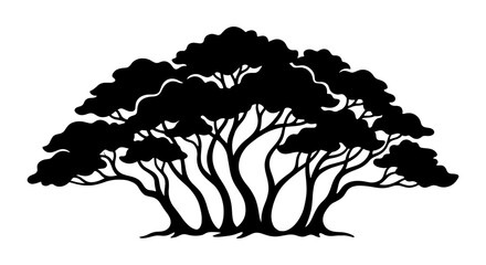 Silhouette of a large, sprawling acacia tree with multiple trunks and dense foliage, vector art, natural element, organic shape, black and white graphic © Jahidul