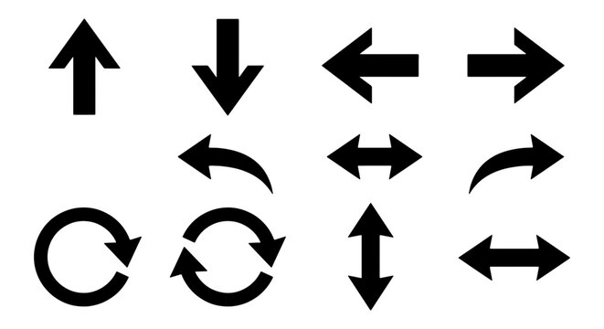 Black Arrow Icons Set, Directional Navigation Symbols, Circular Arrows, Vector Graphics Collection for UI Design and Web Elements