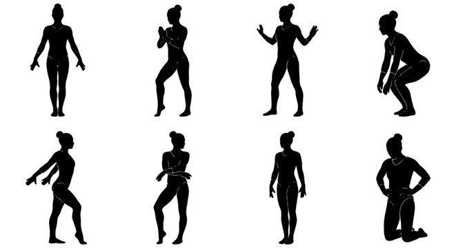 Silhouette Female Figures, 8 Poses Vector Set, Dynamic Woman Body Shapes, Athletic Dancer Movements, Fitness Exercise Poses, Elegant Human Forms, Black Graphic Elements