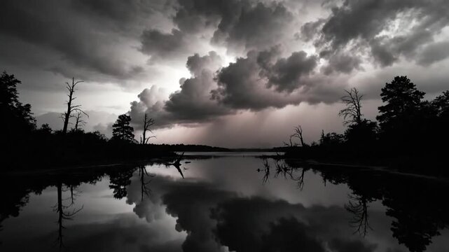 Dramatic black and white landscape of a lake with ominous clouds and a foreboding atmosphere, showcasing nature's power