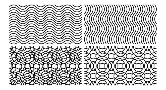 Four Seamless Geometric Patterns, Abstract Line Art Textures, Black and White Vector Backgrounds, Modern Graphic Design Elements