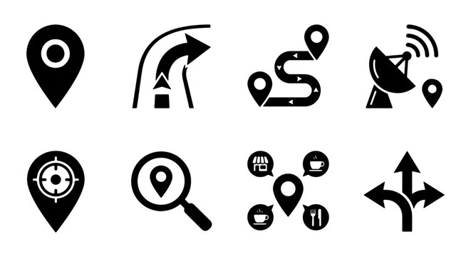 Location Pin Icons Set, Navigation Map Markers, GPS Pointer Symbols, Route Planning Graphics, Satellite Dish & Search Magnifier, 8 Vector Elements