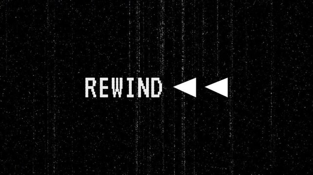 Rewind vhs text with vertical grainy scratch. 4K video animation with alpha channel