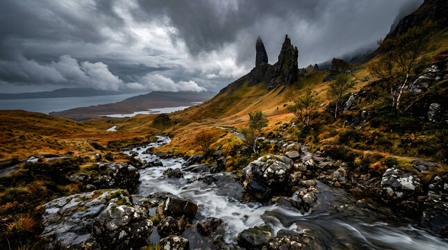 Dramatic landscape of the Old Man of Storr on the Isle of Skye with stormy clouds and flowing water