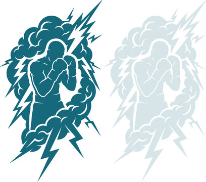 Boxer Silhouette with Lightning and Storm Clouds Vector Illustration