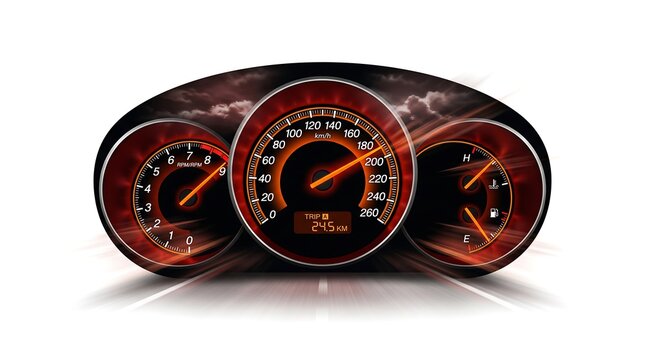 High speed car dashboard gauges showing speedometer tachometer and fuel with dramatic red glow and motion blur effect at full throttle.
