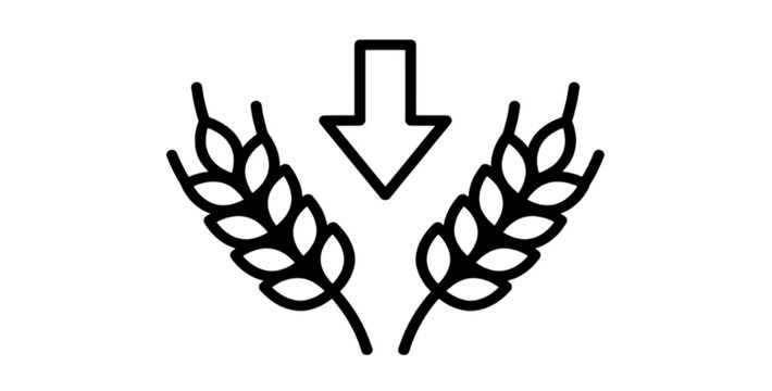 This vector image depicts a downward pointing arrow centered between two symmetrical stalks of wheat or grain representing harvest, yield, or agricultural decline.