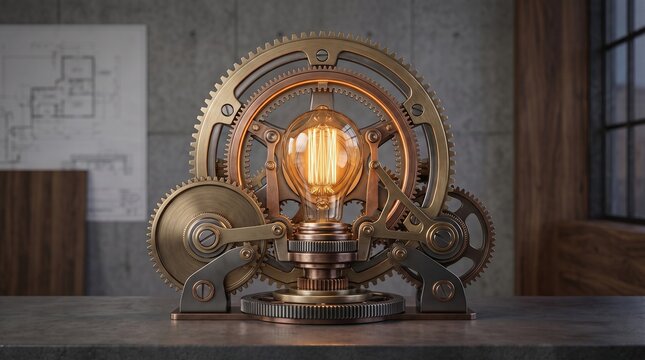 Innovation and creative idea generation, steampunk gear light bulb making machine, problem solving and engineering, creativity, ideas, inventions.