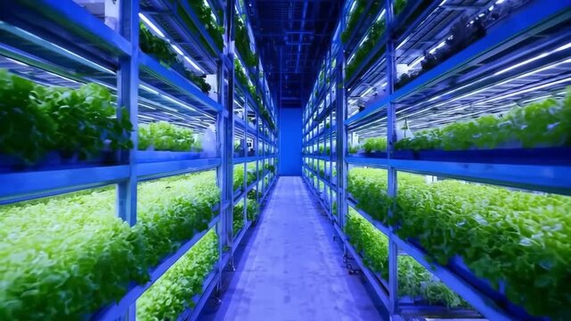 Fresh lettuce thriving in a modern hydroponic vertical farm under blue led lights