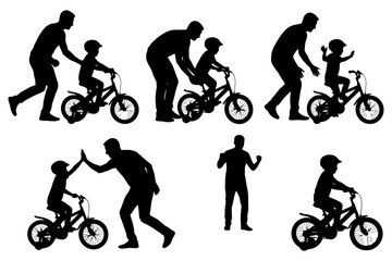 Fototapeta premium Father teaching son to ride bike – silhouettes of adult and child interacting.