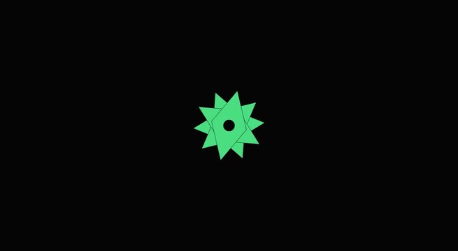 Minimalist green starburst animation, rotating geometric star shape on black background, flat vector motion graphic for loading screen or transition