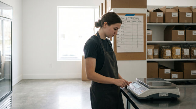 Solitary teenager volunteering at a food bank weighing bagged rice on a digital scale inside a modest sorting room, shelves stacked high beh