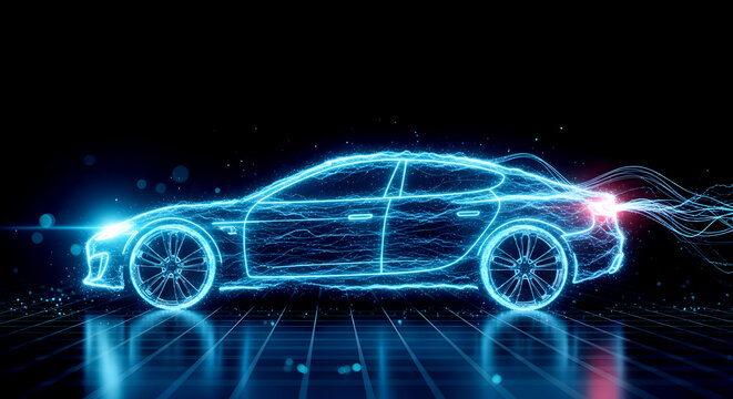 Glowing blue wireframe of electric sports car driving on grid representing digital twin and futuristic automotive technology