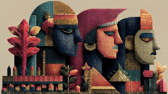 Sant Guru Kabir Jayanti abstract poster, artistic flat illustration with Memphis retro forms and bohemian organic motifs, giant symbolic loom weaving together fragmented cultures