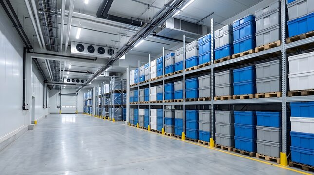 clean refrigerated warehouse aisle with organized insulated storage containers for healthcare cold chain logistics