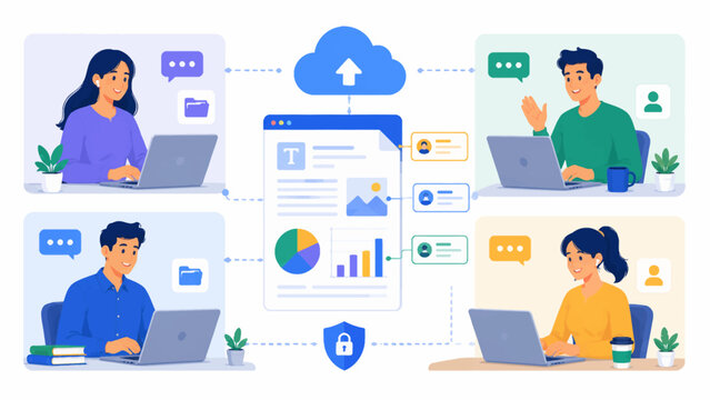 Illustrations of remote team collaborating on cloud-based documents with seamless connectivity and security