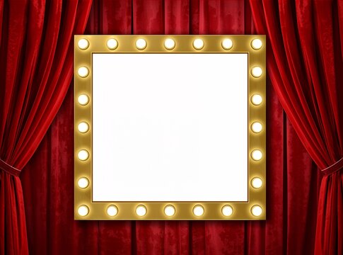 Golden square marquee vanity frame with bright light bulbs on a red stage curtain background.