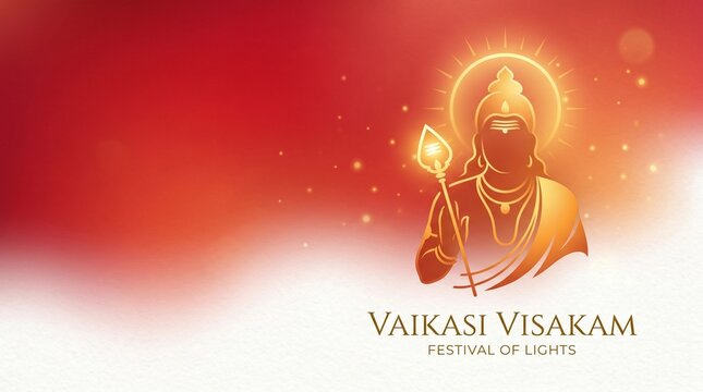 A glowing illustration of Lord Murugan for Vaikasi Visakam festival of lights.