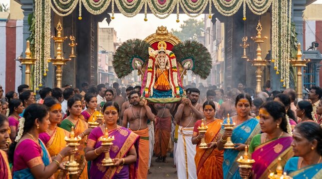 Vaikasi Visakam festival of lights illustration with glowing Lord Murugan silhouette and radiant background.