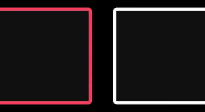 Minimalist neon square frames on black background, glowing pink and white geometric borders, modern digital video overlay elements