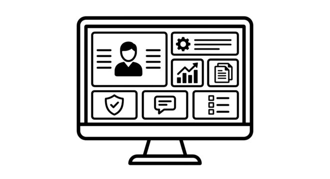 This vector image illustrates a modern desktop computer displaying a complex management dashboard with various data charts, security shields, and user account information.