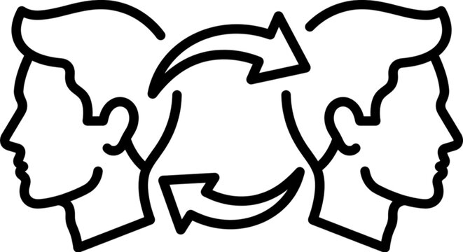 A black and white vector image illustrating two human heads with circular arrows depicting the exchange of ideas and thoughts between people.