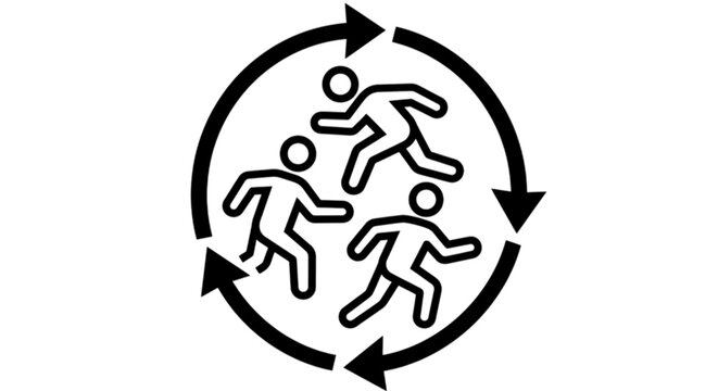 A dynamic vector image showing three figures running inside a circular loop of arrows representing continuous improvement and fast-paced team movement.