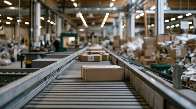 Circular economy reverse logistics center in a busy urban industrial district where workers sort returned consumer products onto categorized tracks for remanufacturing, component harvesting, or cert