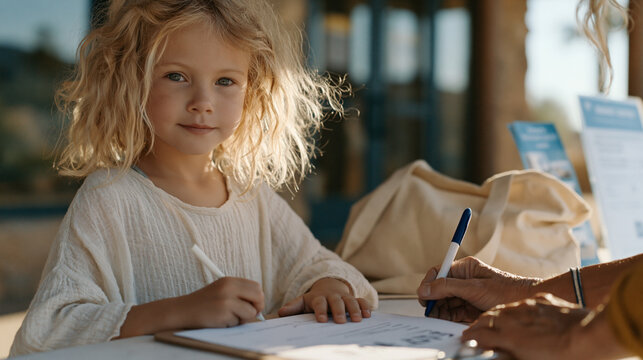 Child perspective low angle of signing a petition, child watching parent grip pen and complete signature form at nonprofit information table set up outside public library, adult hands steady against