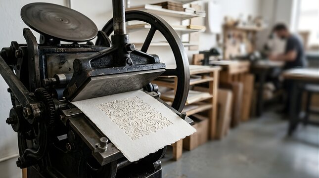 Vintage letterpress machine printing ornate floral pattern on thick paper