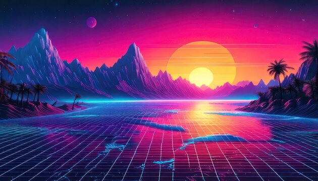 Retro Futuristic Sunset Over a Digital Ocean Landscape.