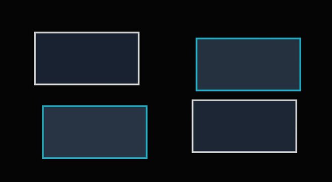 Futuristic HUD interface frames, glowing blue digital rectangles on black background, high-tech information display boxes for video editing