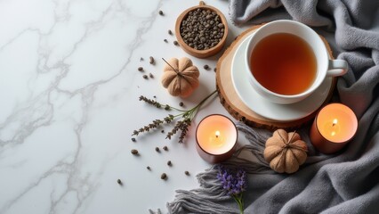 Fototapeta premium cozy hygge composition with wool plaid herbal tea candles and lavender on marble background